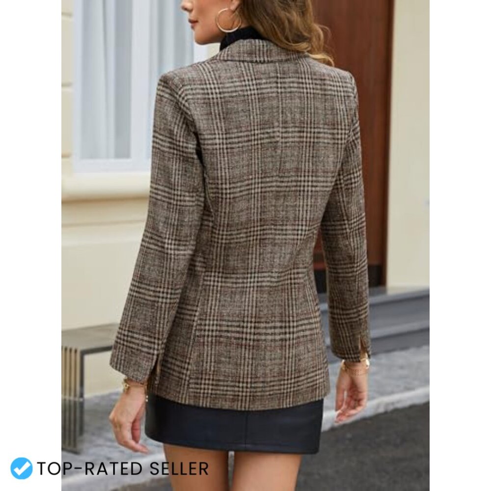 Houndstooth Plaid Tweed Blazer Double-Breasted Suit Jacket Fully Lined Pockets - Picture 3 of 7